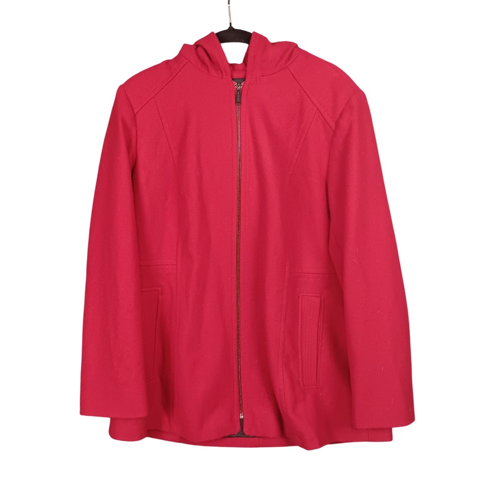 London Fog‎ Red Hooded Wool Blend Coat Womens XL Zip Front Lined Warm